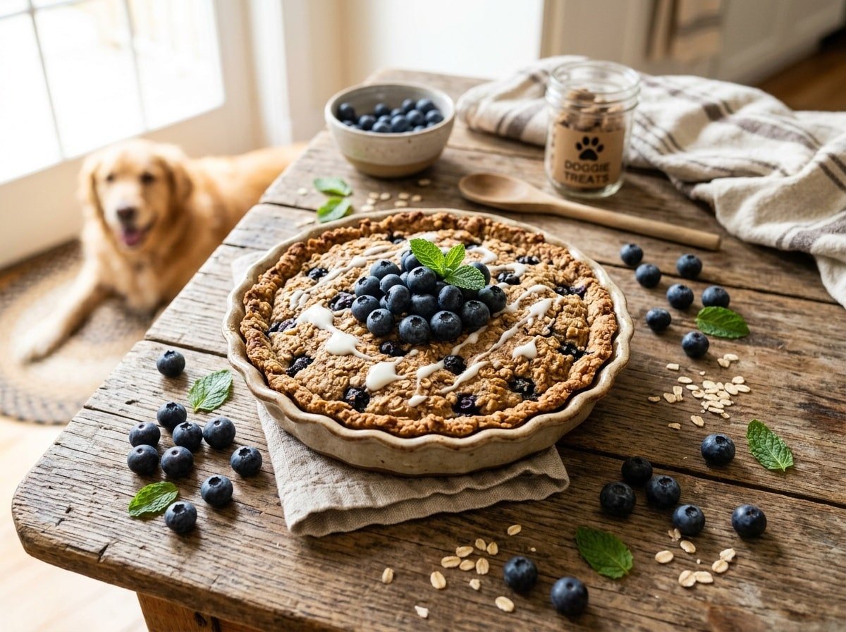 A healthy blueberry oat cake for dogs with fresh blueberries on top, presented on a wooden table.
