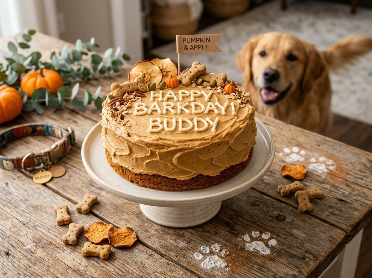 Pumpkin apple dog cake with peanut butter frosting on a wooden table with dog treats.