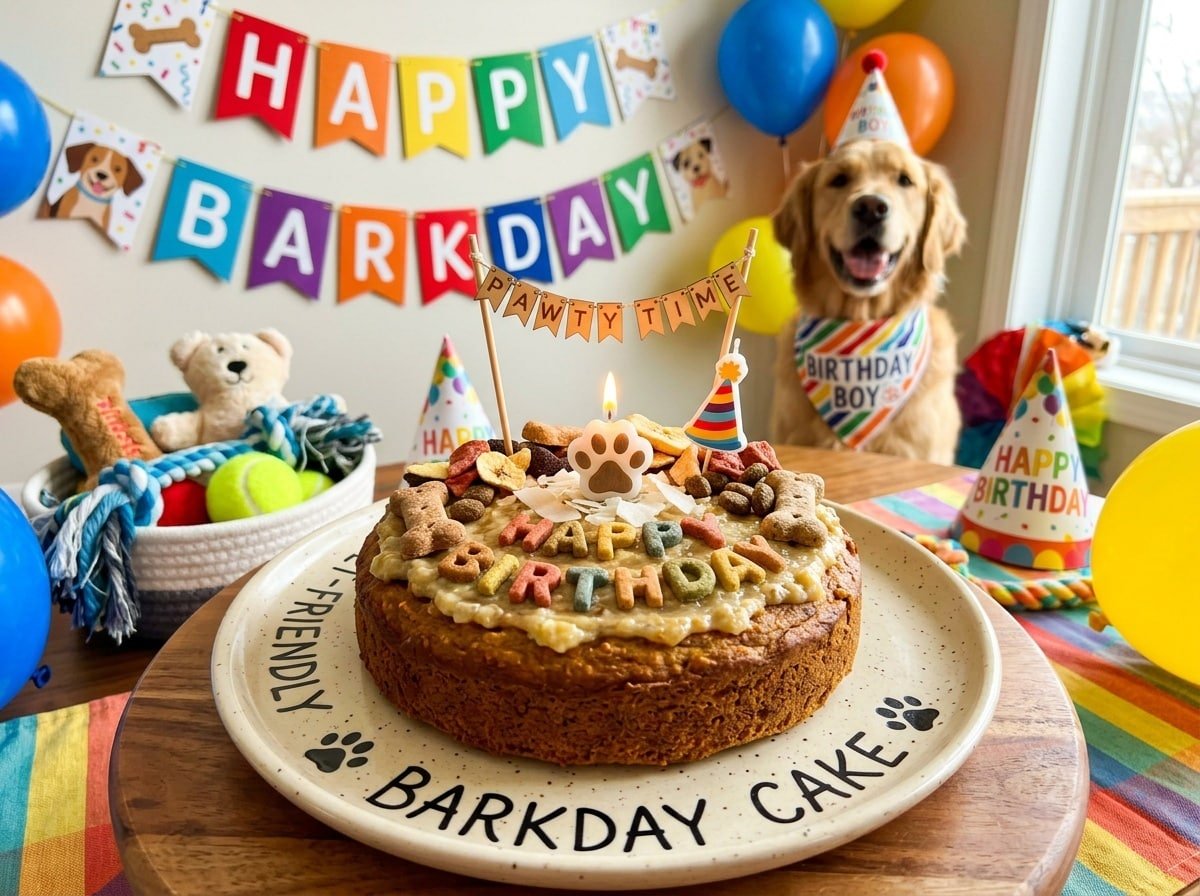 A cheerful sweet potato banana cake for dogs, decorated with treats, on a vibrant plate.