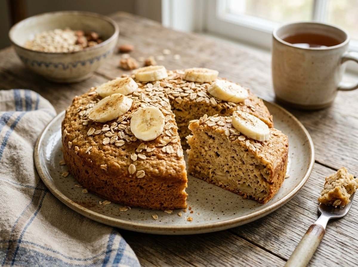 A delicious banana oatmeal cake with banana slices and oats on a rustic table.