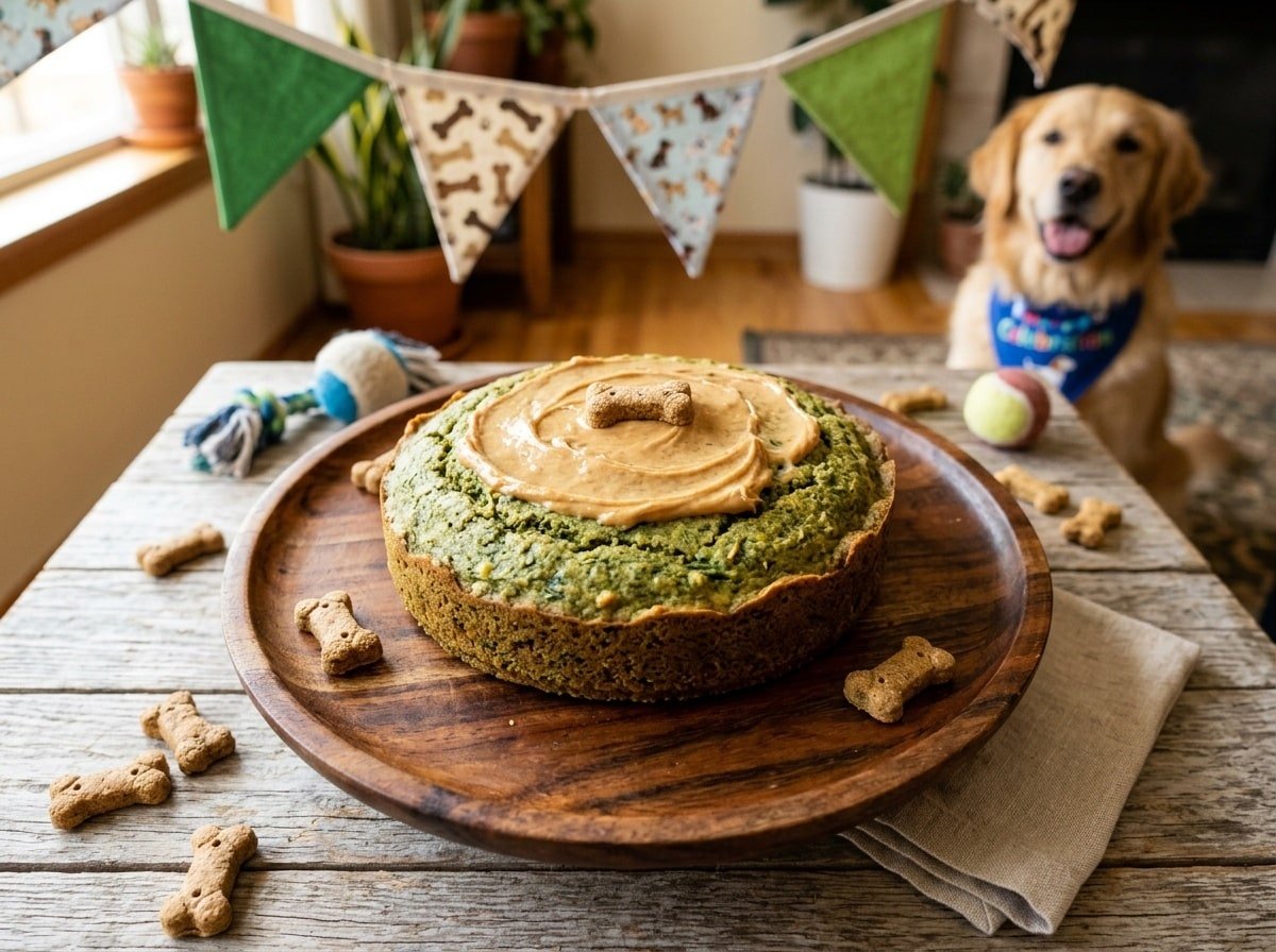 Healthy Spinach Banana Dog Cake decorated with peanut butter, with dog treats around it.
