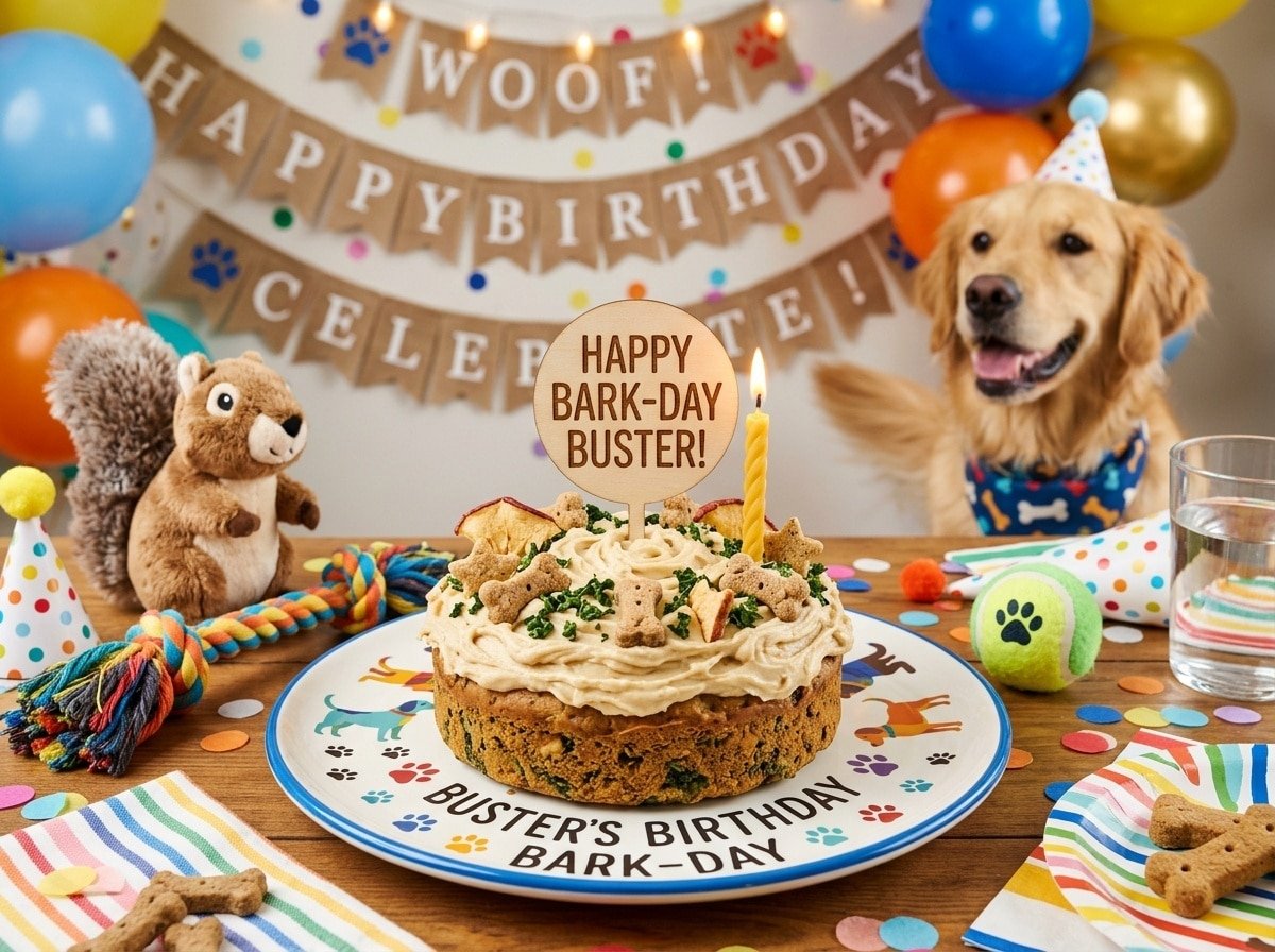 A colorful kale and apple dog cake on a playful plate with dog toys, designed for a pet celebration.