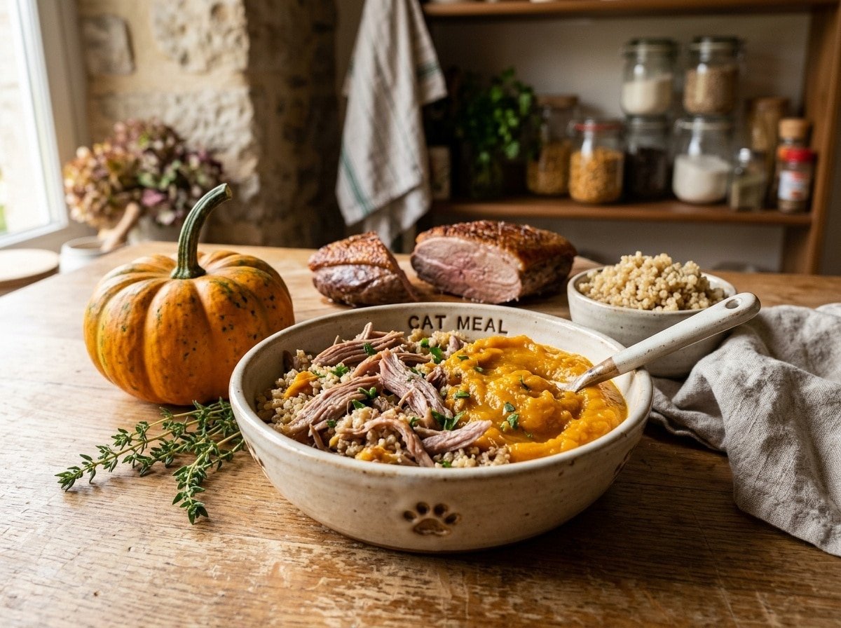 Cozy bowl of homemade duck and pumpkin dinner for cats with fresh ingredients.
