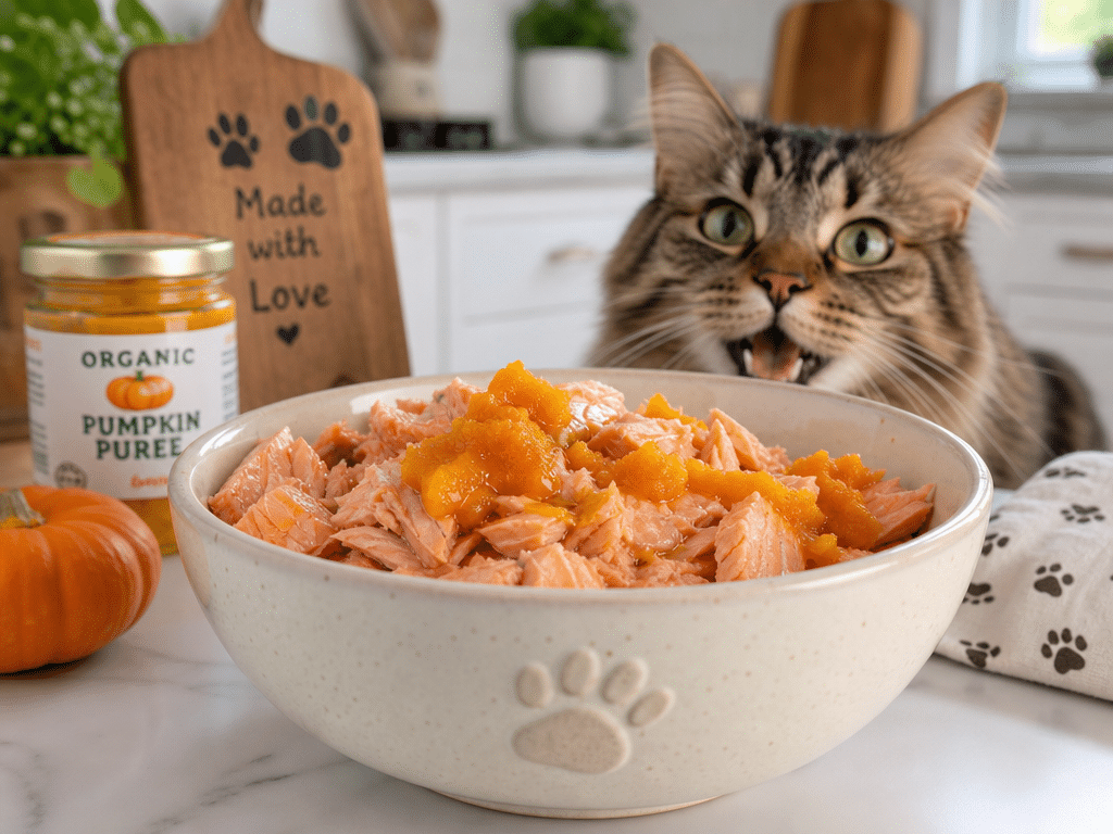 A bowl of salmon and coconut oil mixture for cats, surrounded by a warm kitchen setting with a curious cat.