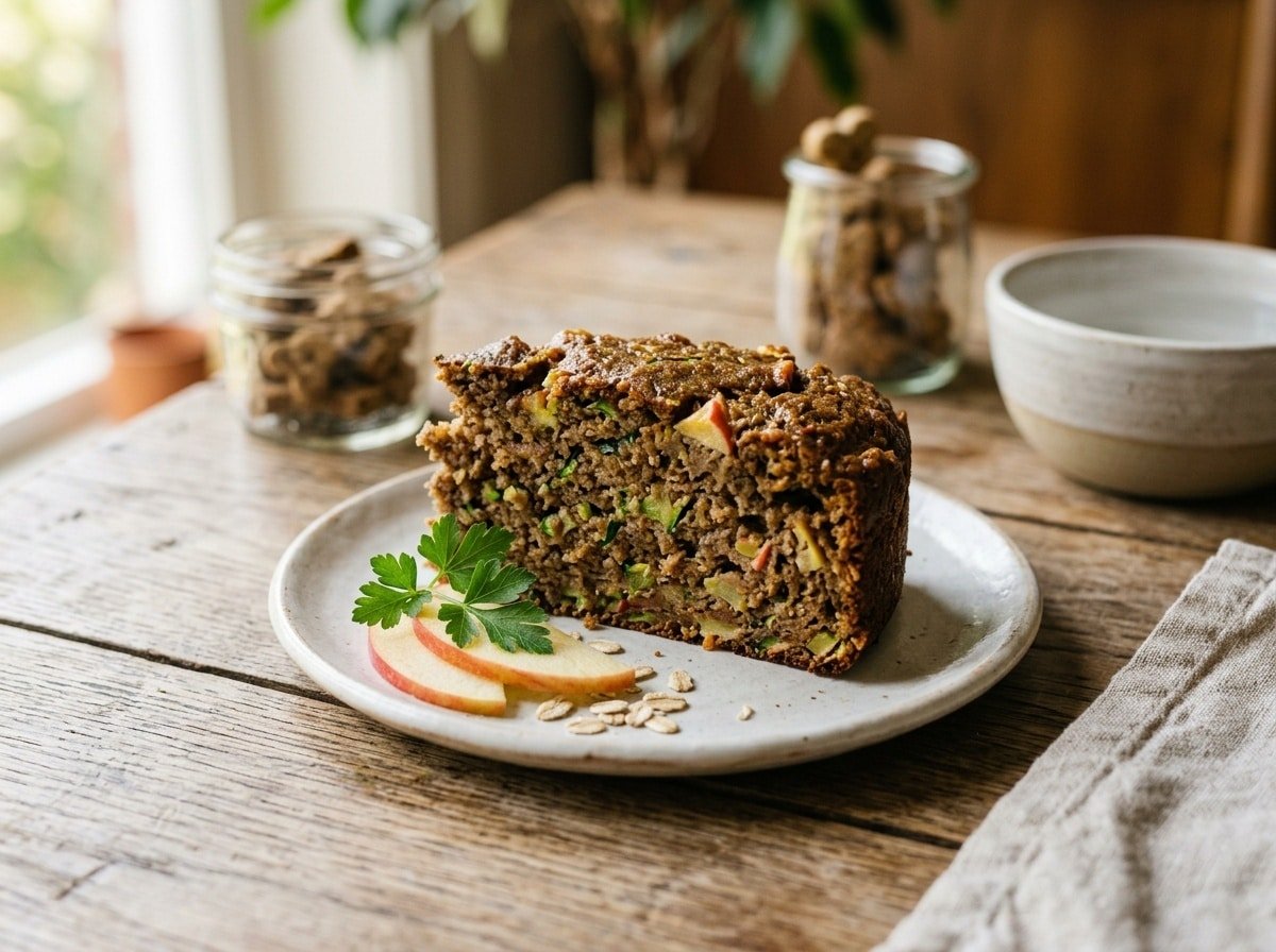 A slice of zucchini apple cake for dogs, garnished with apple slices and parsley, on a wooden table.