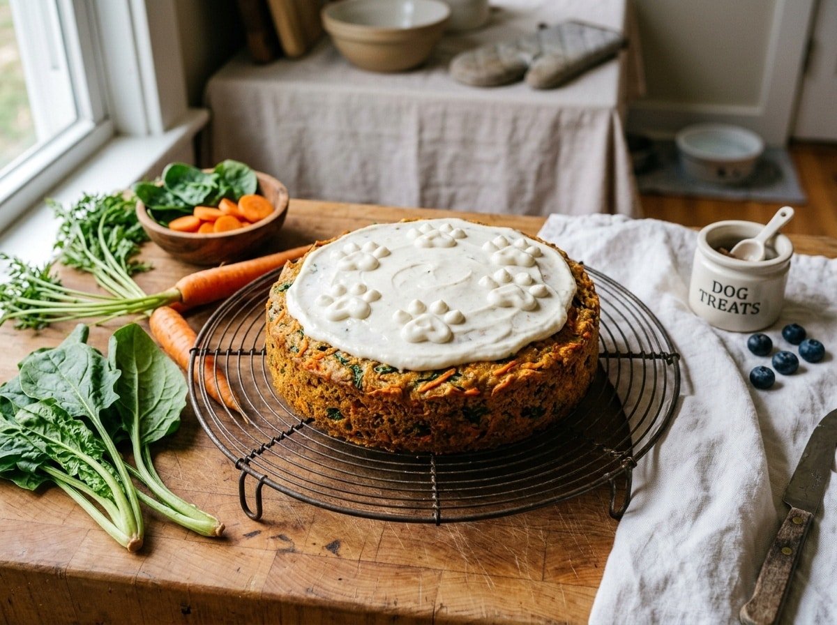 A colorful carrot spinach dog cake with yogurt frosting shaped like paw prints, surrounded by fresh vegetables.