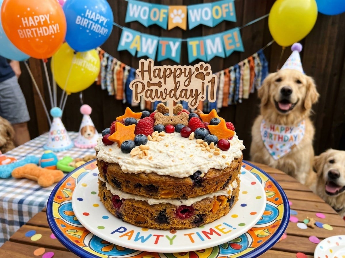 A homemade Pumpkin Berry Cake for Dogs garnished with berries and colorful decorations for a birthday celebration.