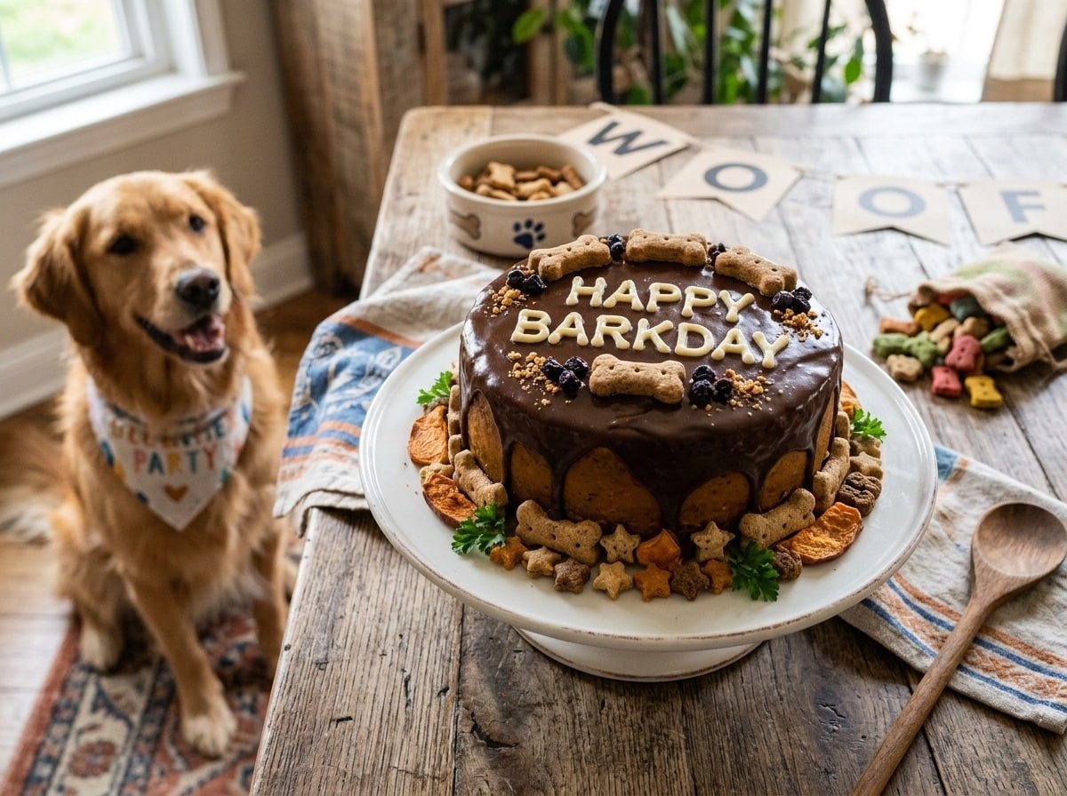 A delicious homemade pear pumpkin cake for dogs, topped with a carob glaze, set on a wooden table with dog treats surrounding it.