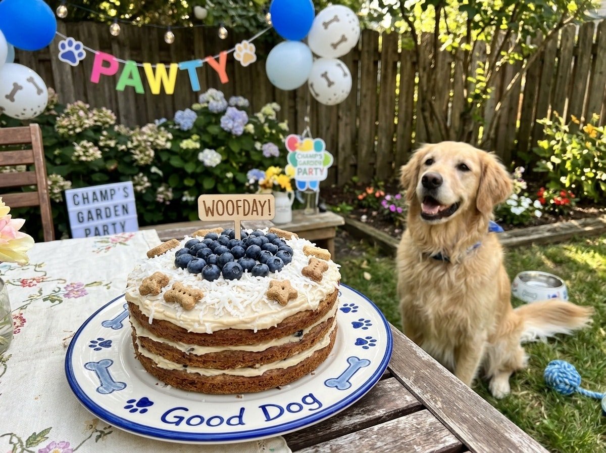 A Blueberry Coconut Cake for dogs, topped with blueberries and coconut, with a happy dog waiting to eat it.