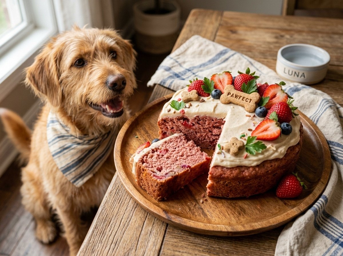 A slice of homemade strawberry banana dog cake, garnished with strawberries, on a wooden plate with a eager dog in the background.