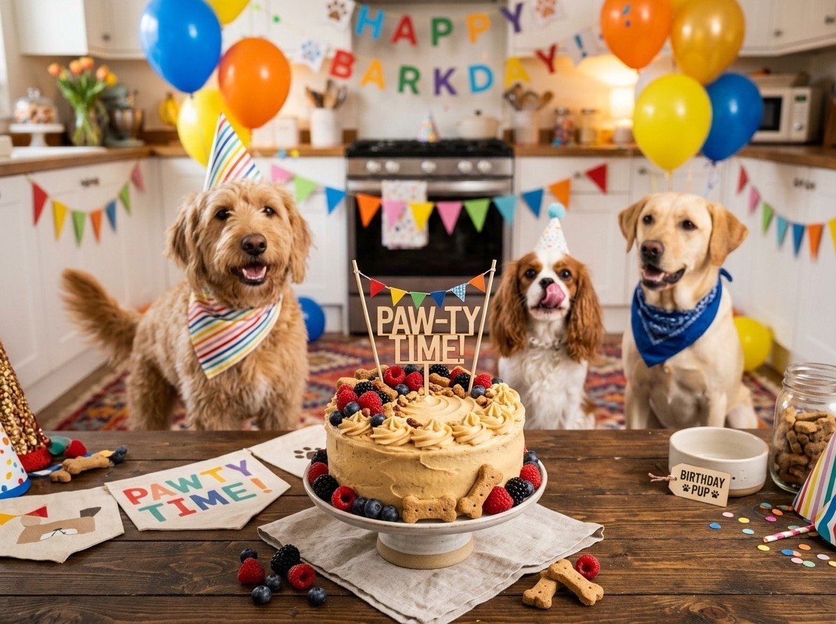 A Mixed Berry Celebration Cake for dogs decorated with fresh berries and peanut butter frosting, surrounded by excited dogs.