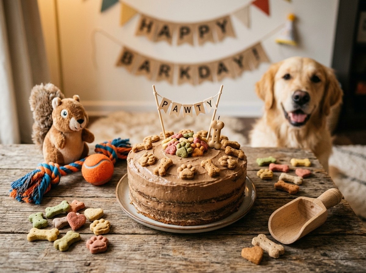 A round Chicken Liver Cake for dogs decorated with yogurt frosting and bone-shaped treats on a wooden table.