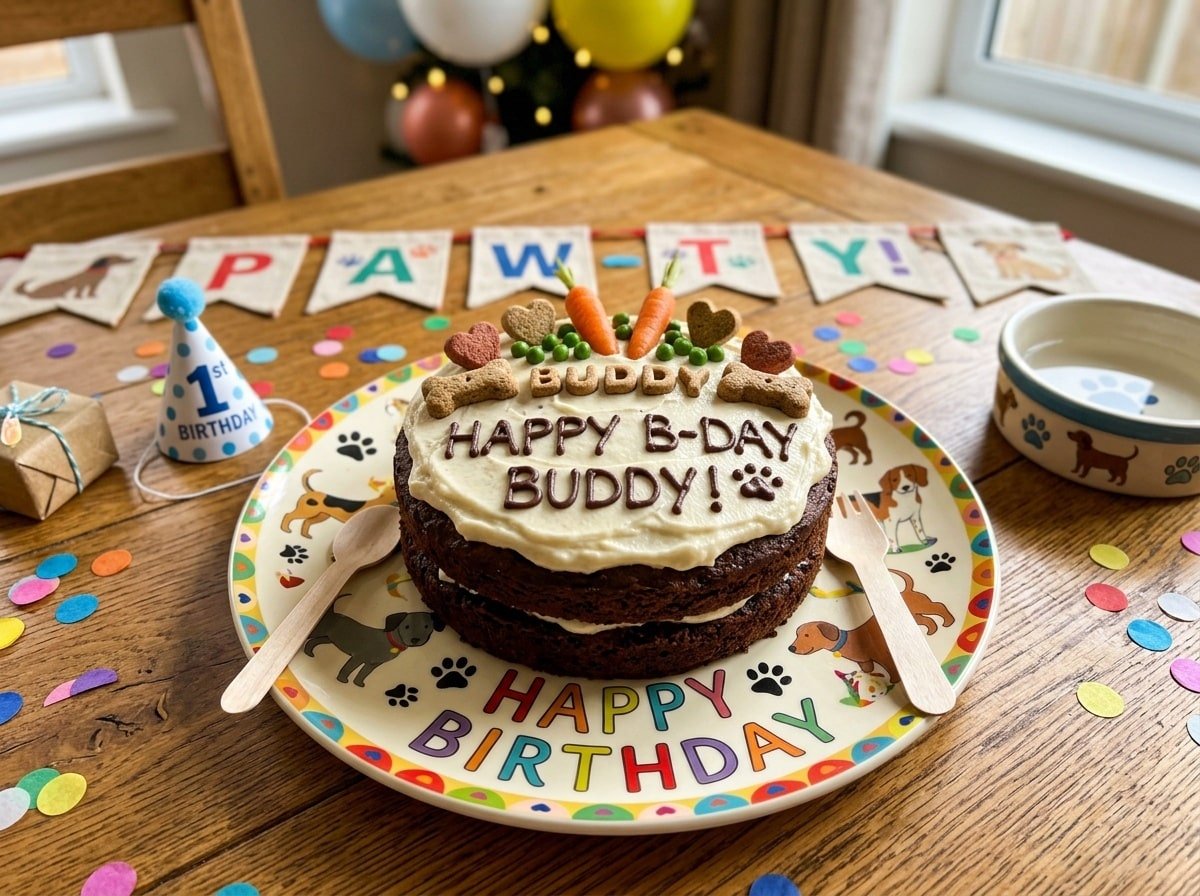 A homemade beef liver birthday cake for dogs, decorated with yogurt frosting and dog treats, on a festive plate.
