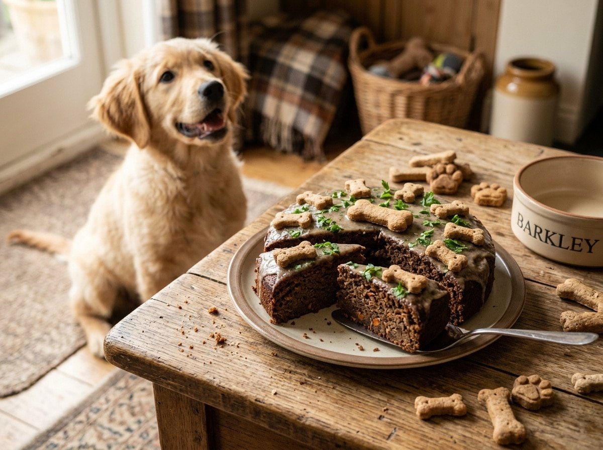 A turkey liver cake for dogs, sliced with dog biscuits nearby, and a puppy looking excited.