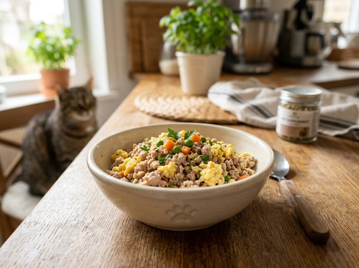 A bowl of homemade quail and egg cat food, showcasing minced quail and scrambled eggs with optional peas and carrots.