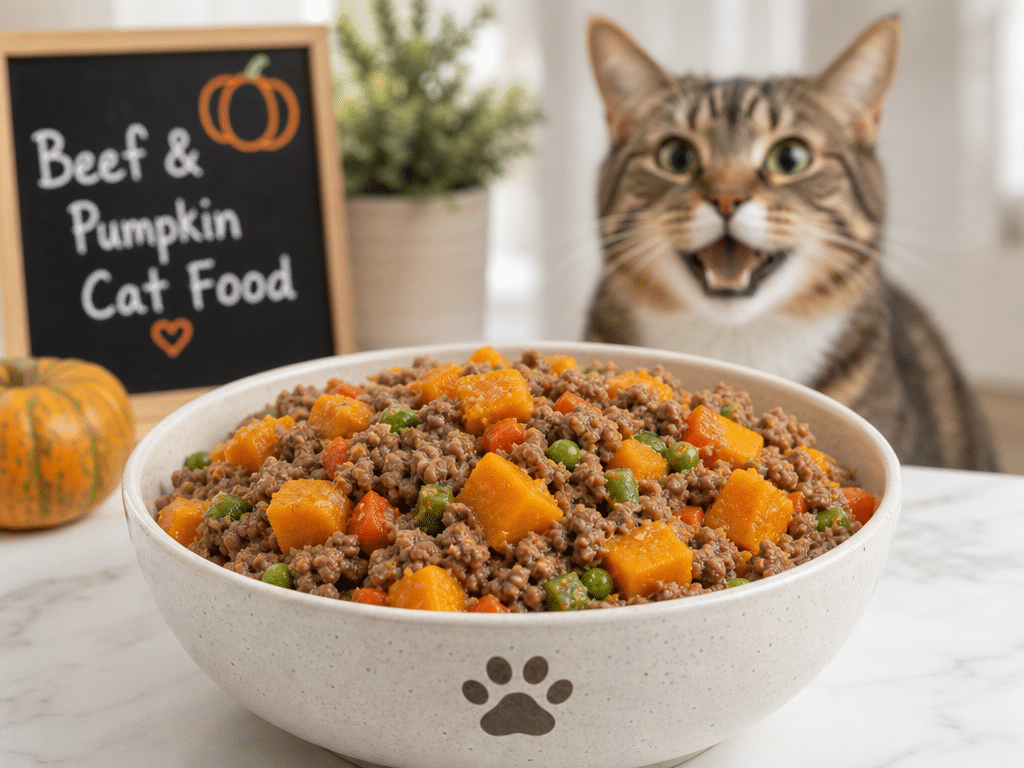 A bowl of homemade Beef & Pumpkin cat food surrounded by vegetables, with a cat looking on eagerly.