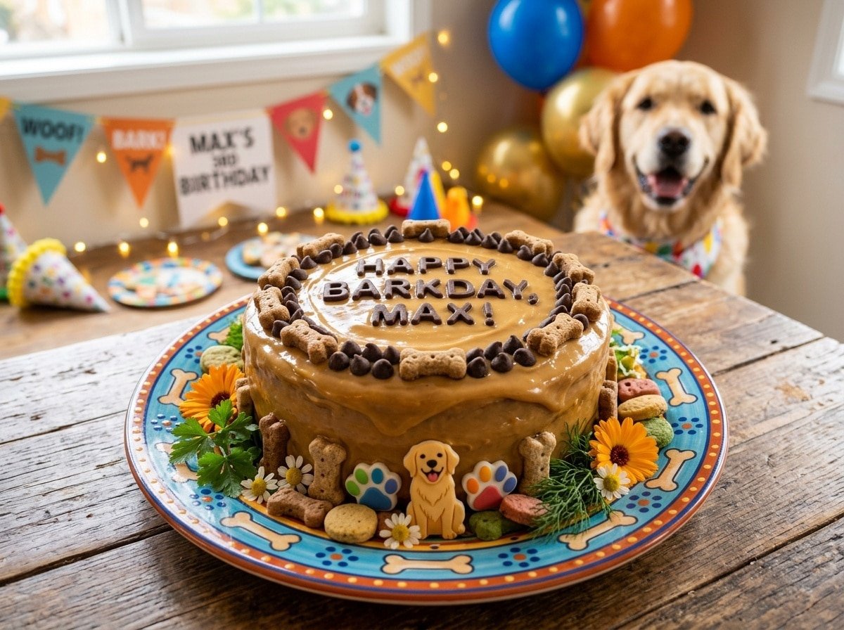 Duck Liver Celebration Cake for dogs, topped with peanut butter and carob chips, on a decorative plate surrounded by dog-friendly decorations.