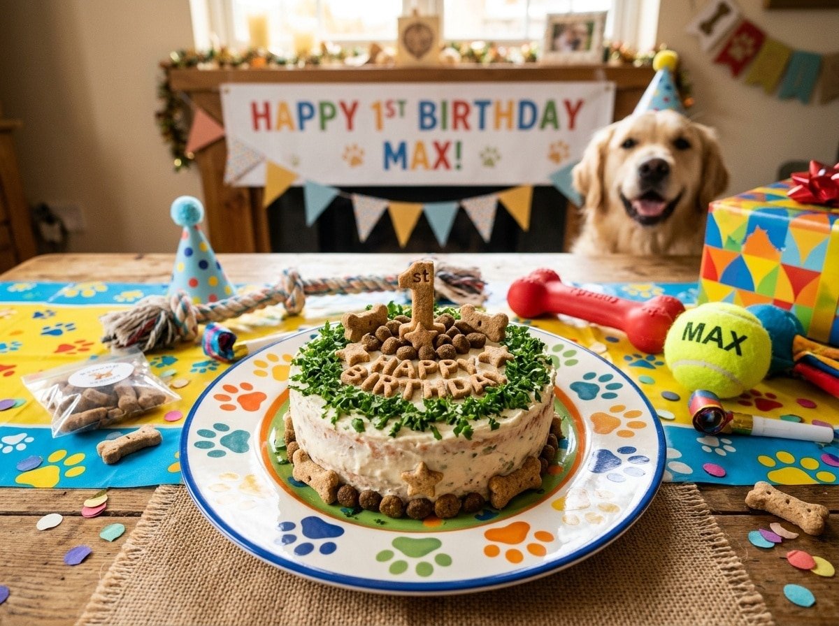 Salmon and egg dog cake with parsley garnish on a decorated plate, ready for serving.
