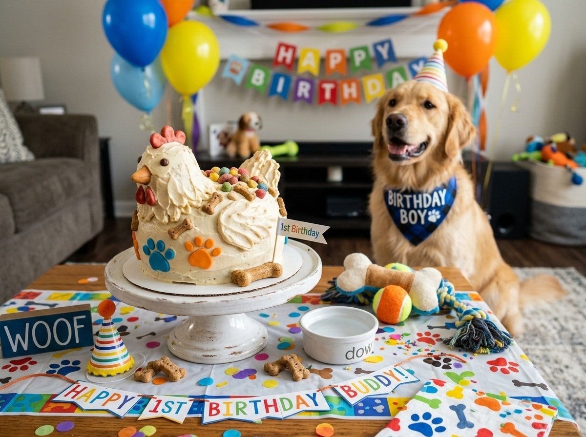 A festive Chicken Egg Birthday Cake for dogs, decorated for a pet celebration with paw prints.