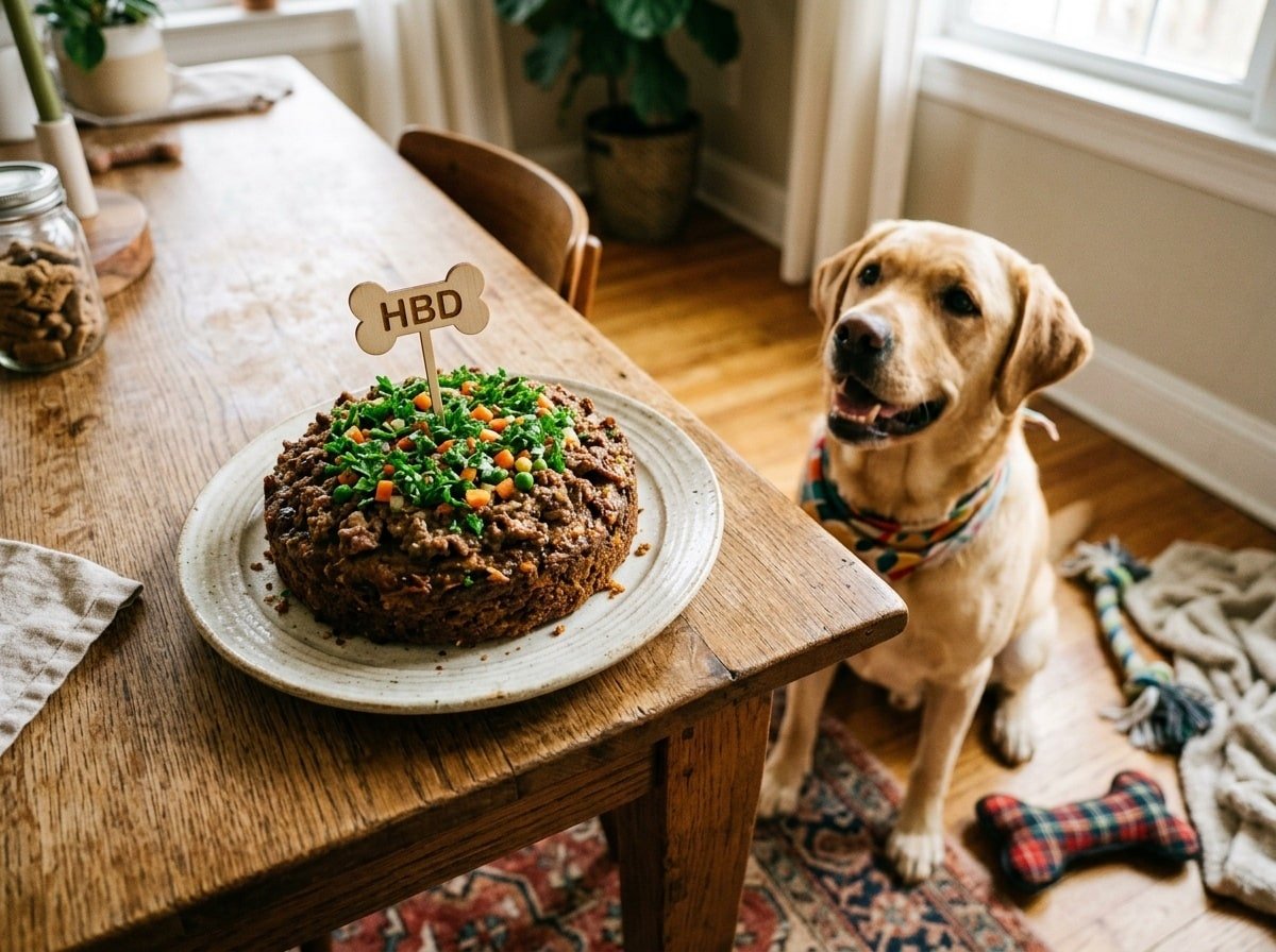 A dog-friendly beef egg cake, garnished with parsley, sitting on a table with a dog eagerly awaiting a slice.