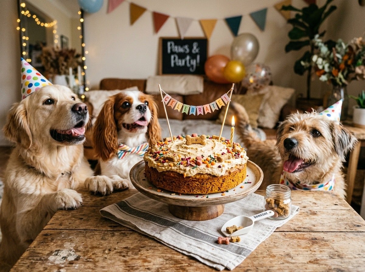 A dog cake decorated with yogurt frosting and colorful sprinkles, surrounded by happy dogs.