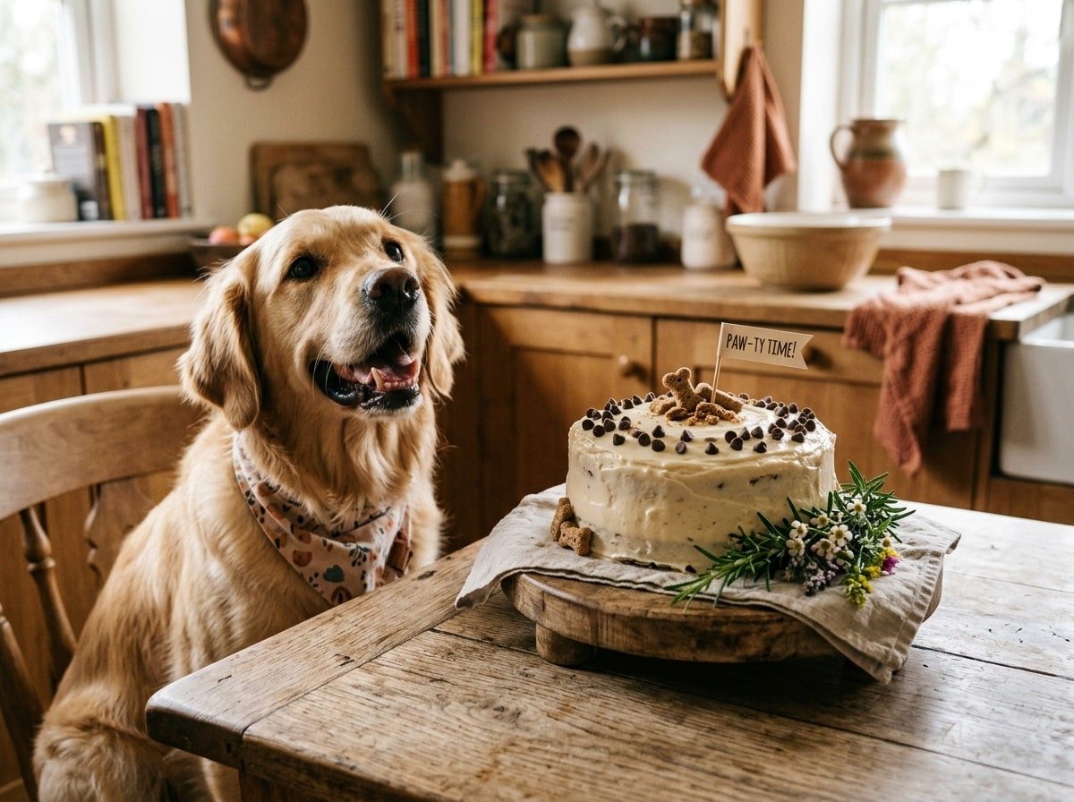 A Greek yogurt apple cake for dogs, topped with yogurt frosting and carob chips, with a happy dog in a cozy kitchen setting.