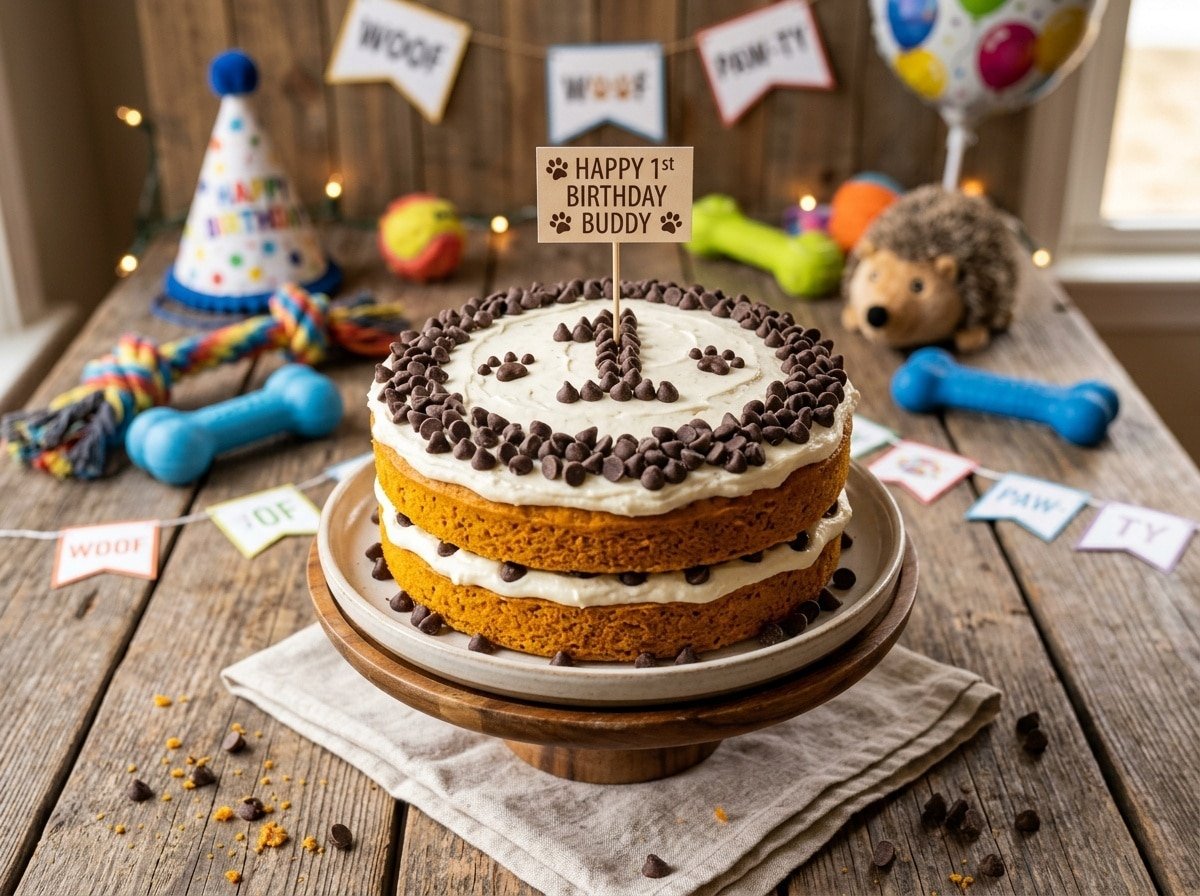 Pumpkin Yogurt Layer Cake for dogs, layered with frosting and decorated with treats on a wooden table.