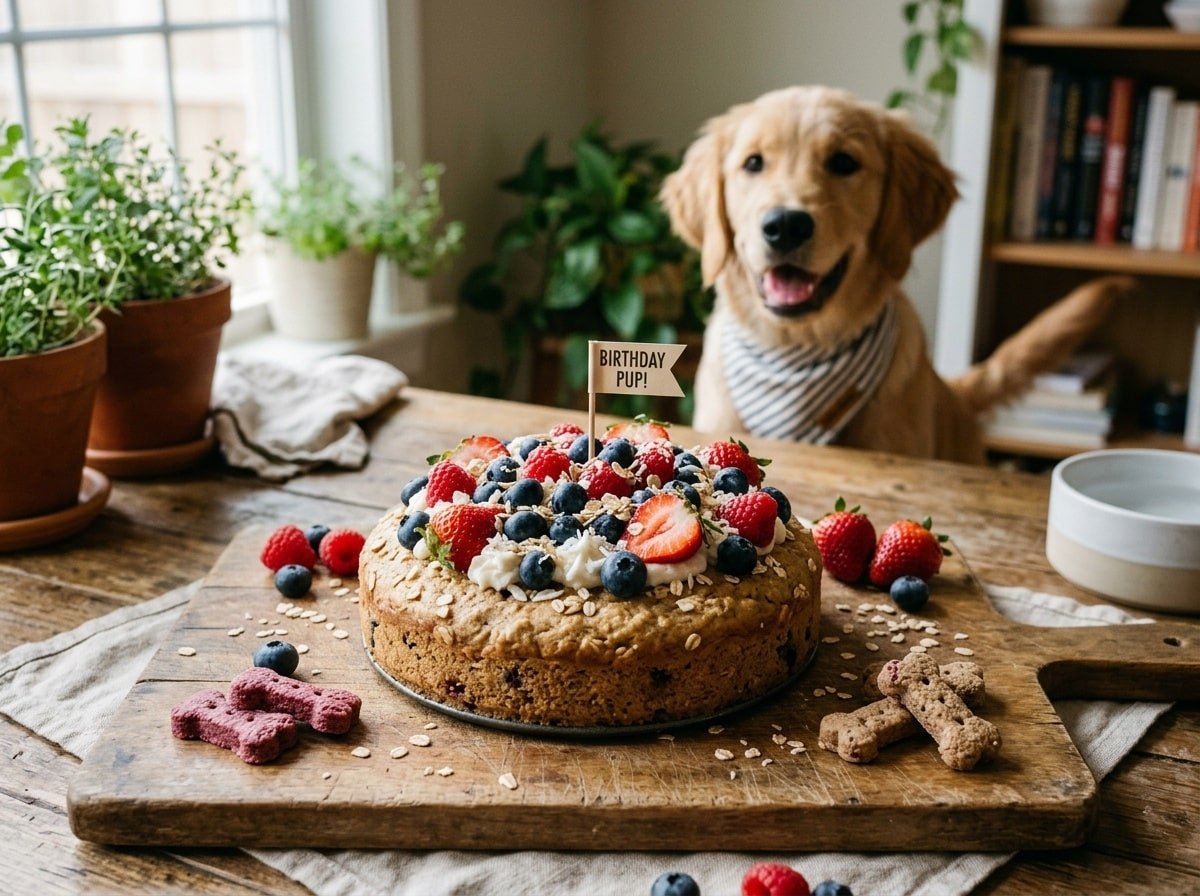 A delicious Oat & Berry Cake for dogs, topped with berries, surrounded by dog treats, and a dog waiting for a treat.