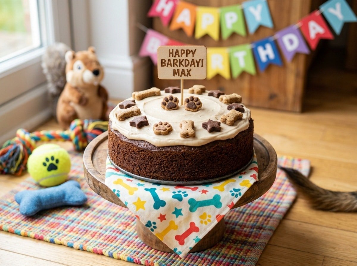 A dog-friendly Carob Banana Cake decorated with carob frosting and treats, showcased in a cheerful setting.