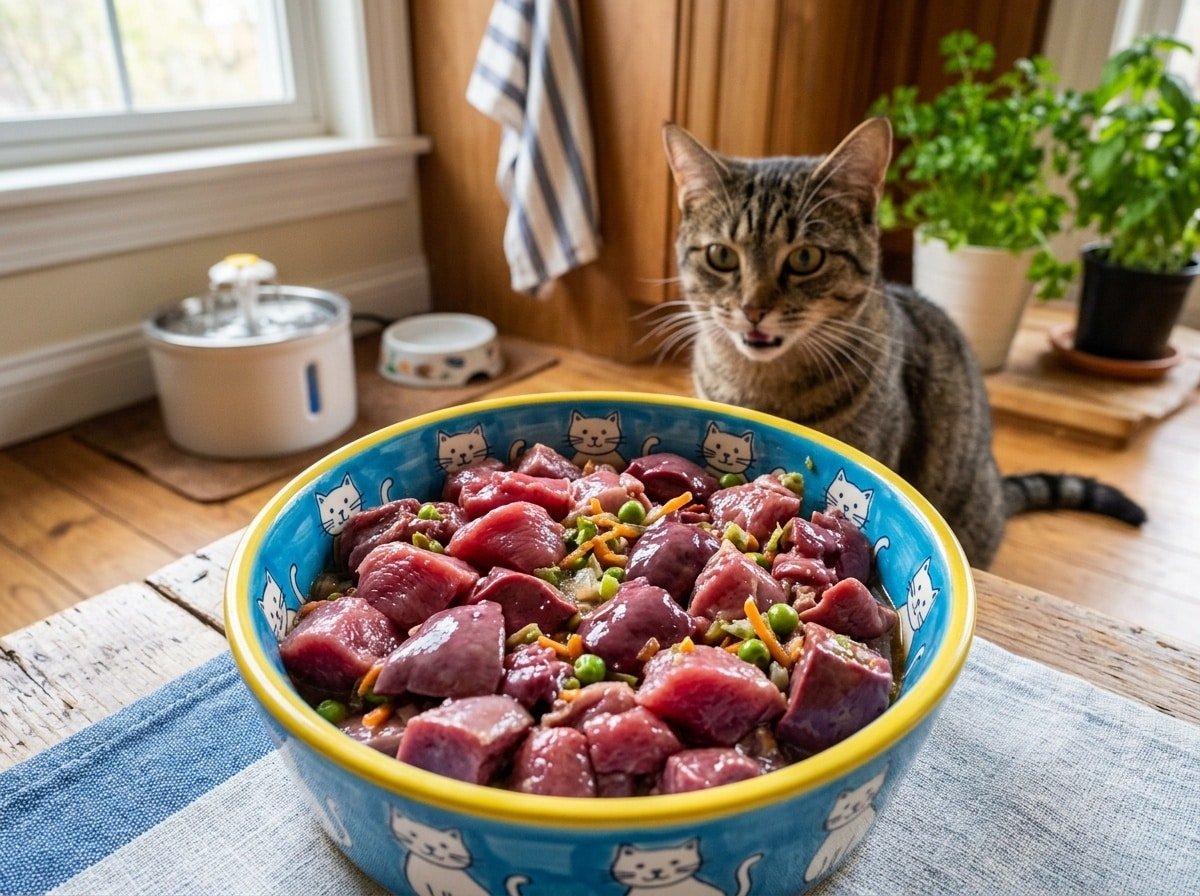 A bowl of fresh homemade raw duck and liver cat food, with a curious cat in the background, emphasizing the nutritious meal.