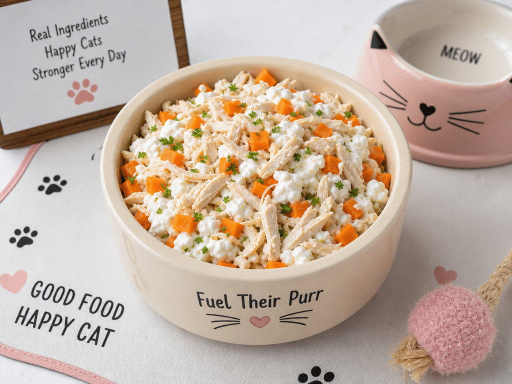 A wholesome chicken and cottage cheese bowl for cats with visible shredded chicken and cottage cheese on a pet food mat.