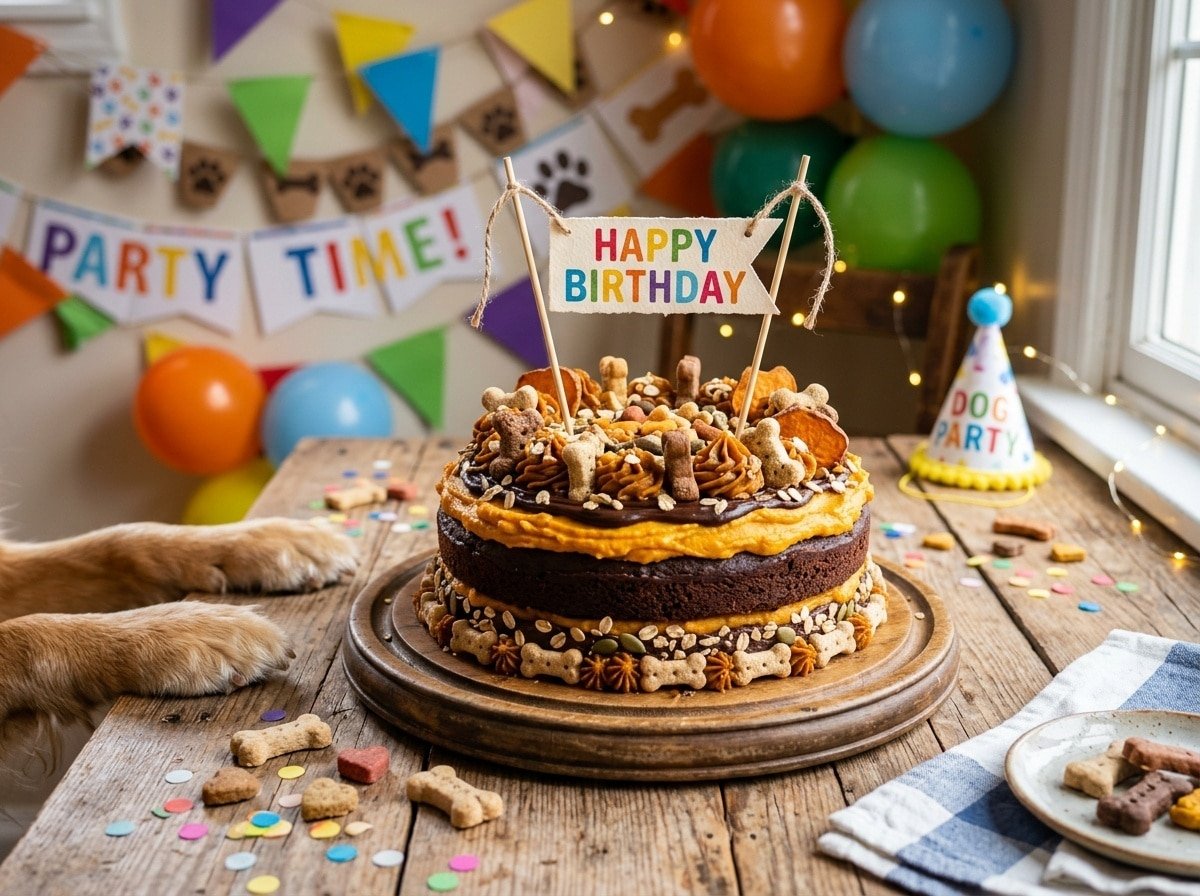 A homemade Carob Pumpkin Cake for dogs, decorated with treats, on a wooden table for a dog birthday theme.