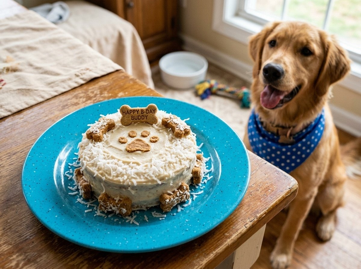 A coconut peanut butter cake for dogs on a blue plate, decorated with frosting and coconut, with a happy dog in the background.