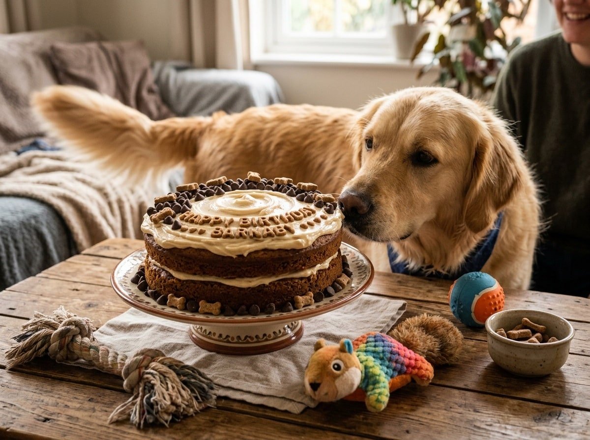 A dog-friendly banana carob cake decorated with carob chips, on a wooden table with a playful dog nearby.