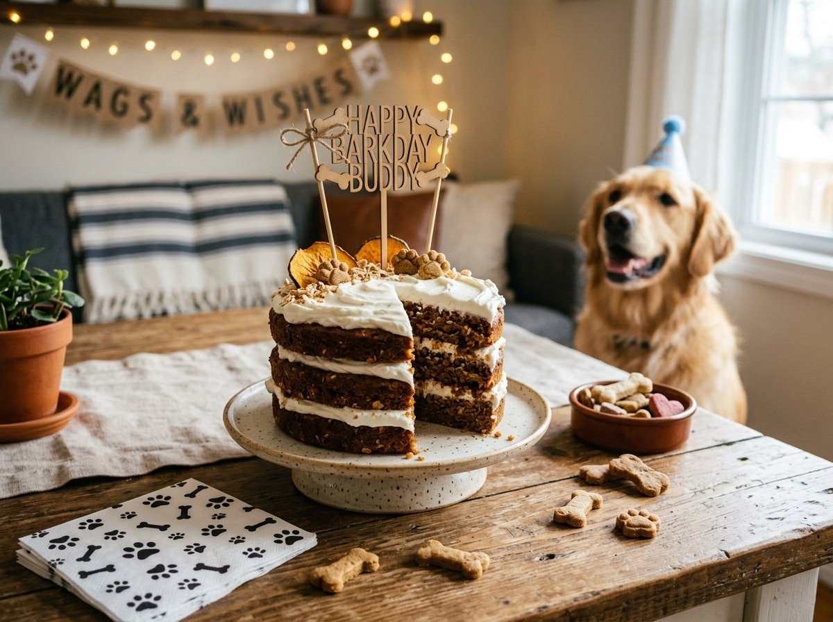 Pumpkin Oat Layer Cake for Dogs, topped with yogurt, on a rustic table with dog-themed decorations.