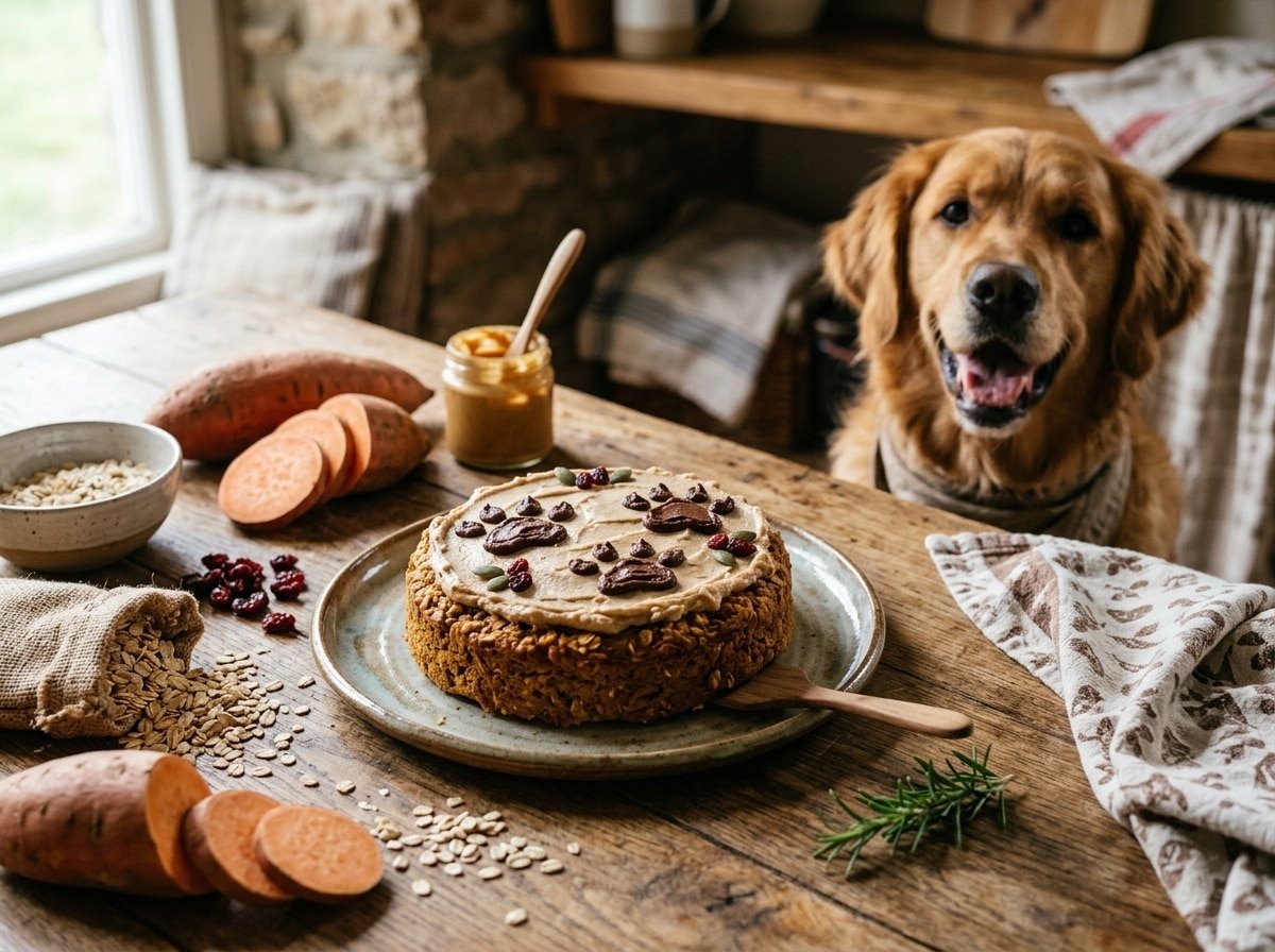 A Sweet Potato Oat Cake for Dogs with paw prints, surrounded by sweet potatoes and oats, with a dog in the background.