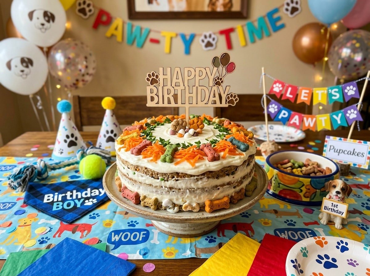 A homemade dog birthday cake made of turkey and rice, decorated with yogurt frosting and treats, set on a festive table.