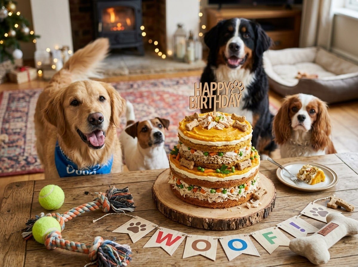 Layered dog cake made with chicken and rice, topped with pumpkin puree, surrounded by playful dogs and toys.