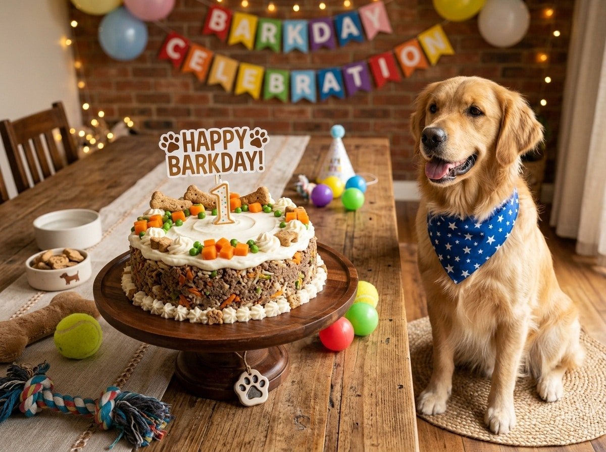 A round Beef Rice Celebration Cake for Dogs topped with yogurt frosting, decorated with carrots and peas, with a dog eagerly waiting to enjoy it.