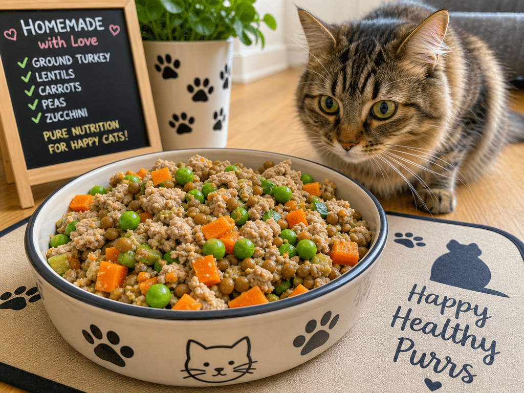 Bowl of turkey and lentil cat food with vegetables, featuring a curious cat nearby.