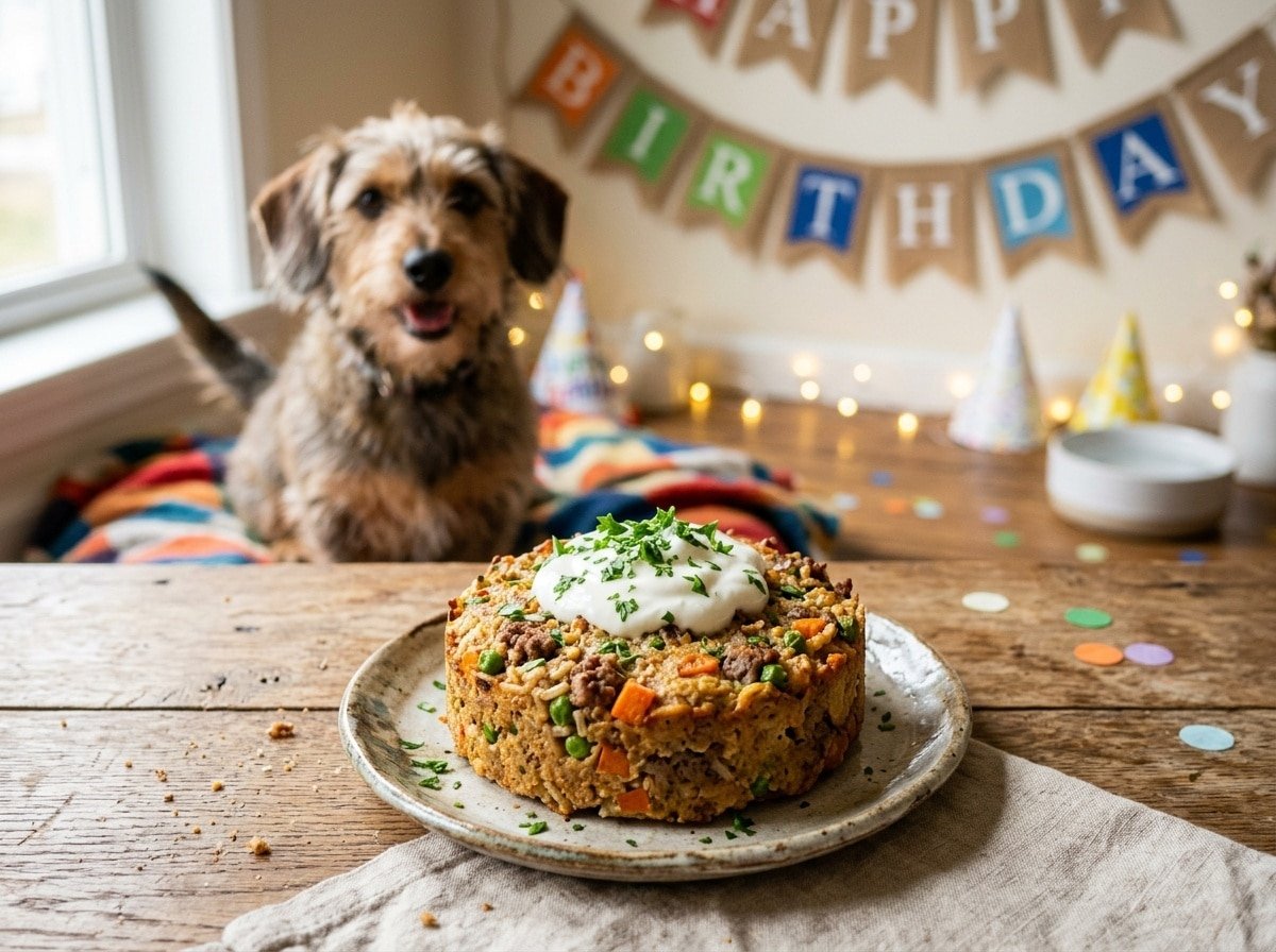 A festive Lamb Rice Cake for Dogs served with yogurt, amid a birthday celebration setting with a happy dog.