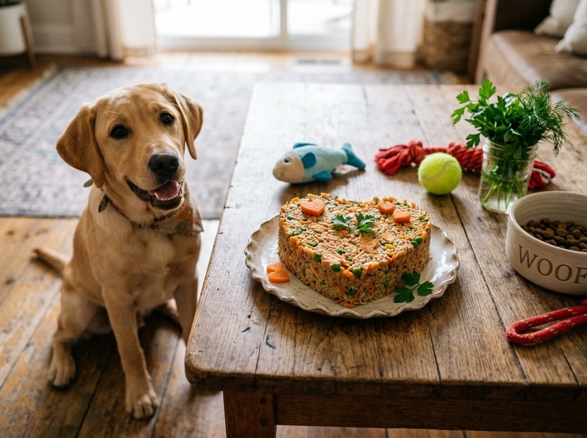 Salmon Rice Cake for Dogs with peas and carrots, presented on a rustic table with a playful dog beside it.