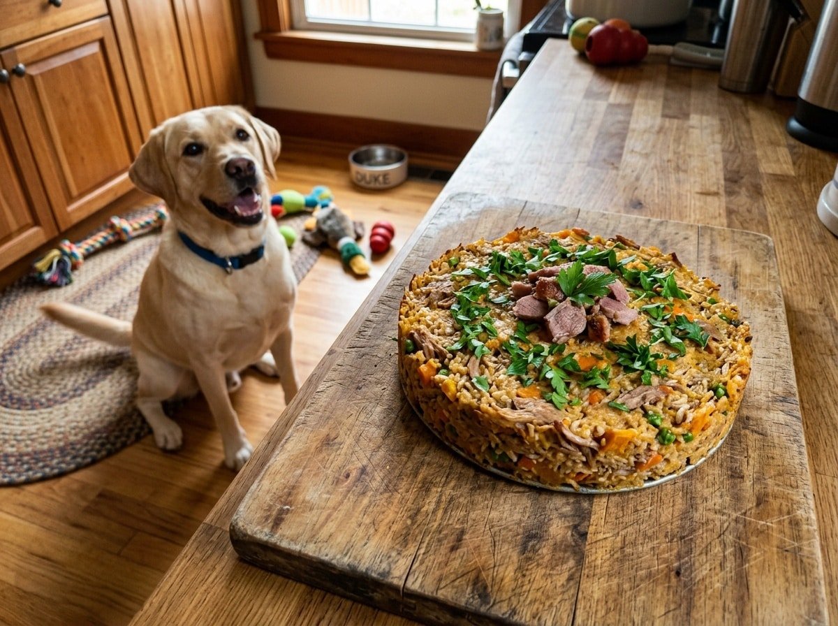 A savory duck rice cake for dogs on a wooden board with a happy dog in the background.