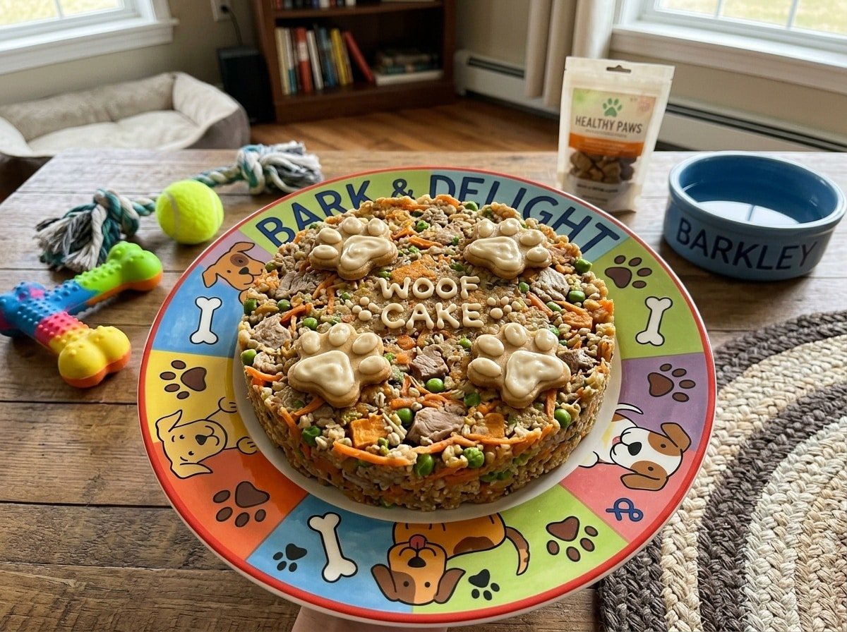 A round Rabbit Rice Cake for Dogs, decorated with paw prints, on a colorful plate surrounded by pet toys.