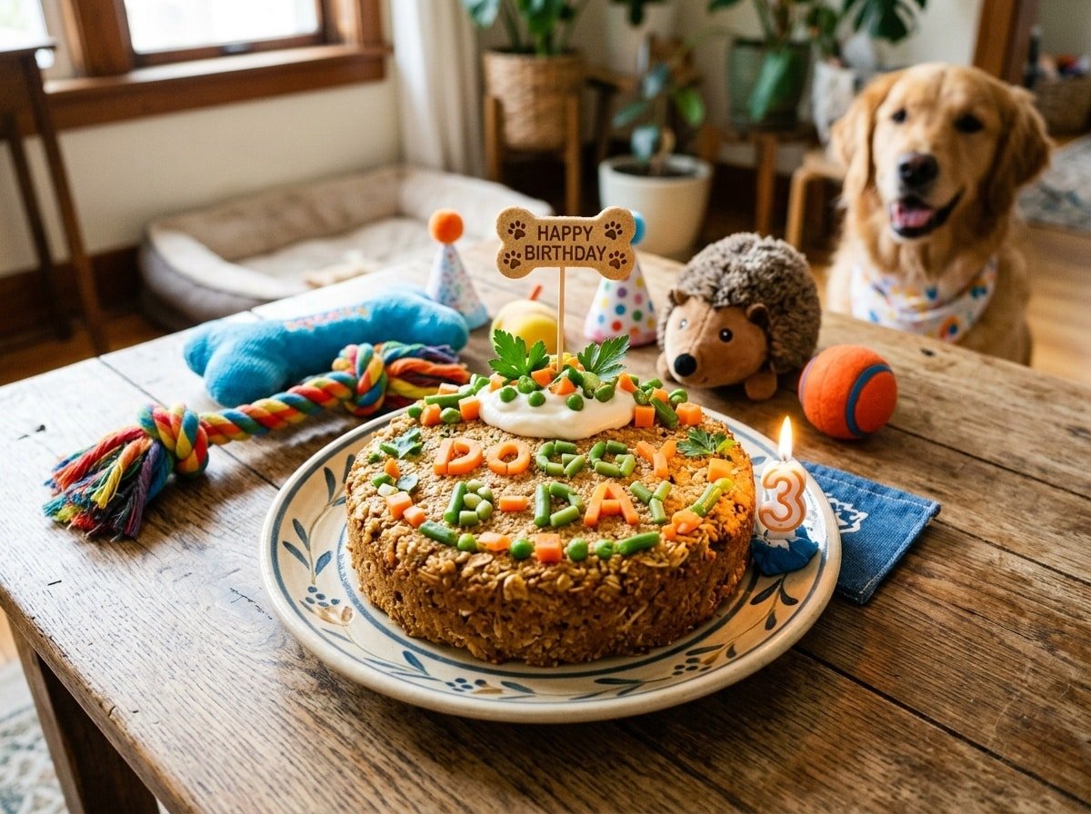 A delicious homemade dog cake made from quinoa and chicken, garnished with vegetables, on a wooden table with dog toys.