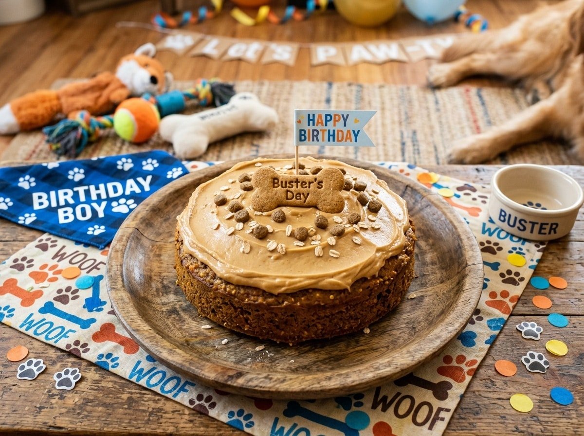A nutritious quinoa pumpkin cake for dogs with peanut butter frosting on a rustic wooden plate.