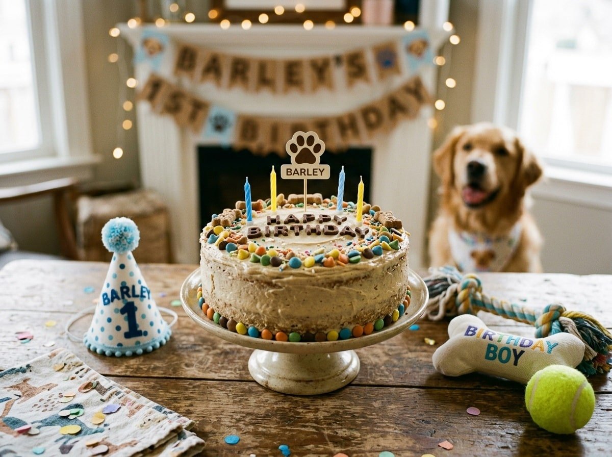 A soft oat flour birthday cake for dogs, decorated with carob chips, on a wooden table with party decorations.