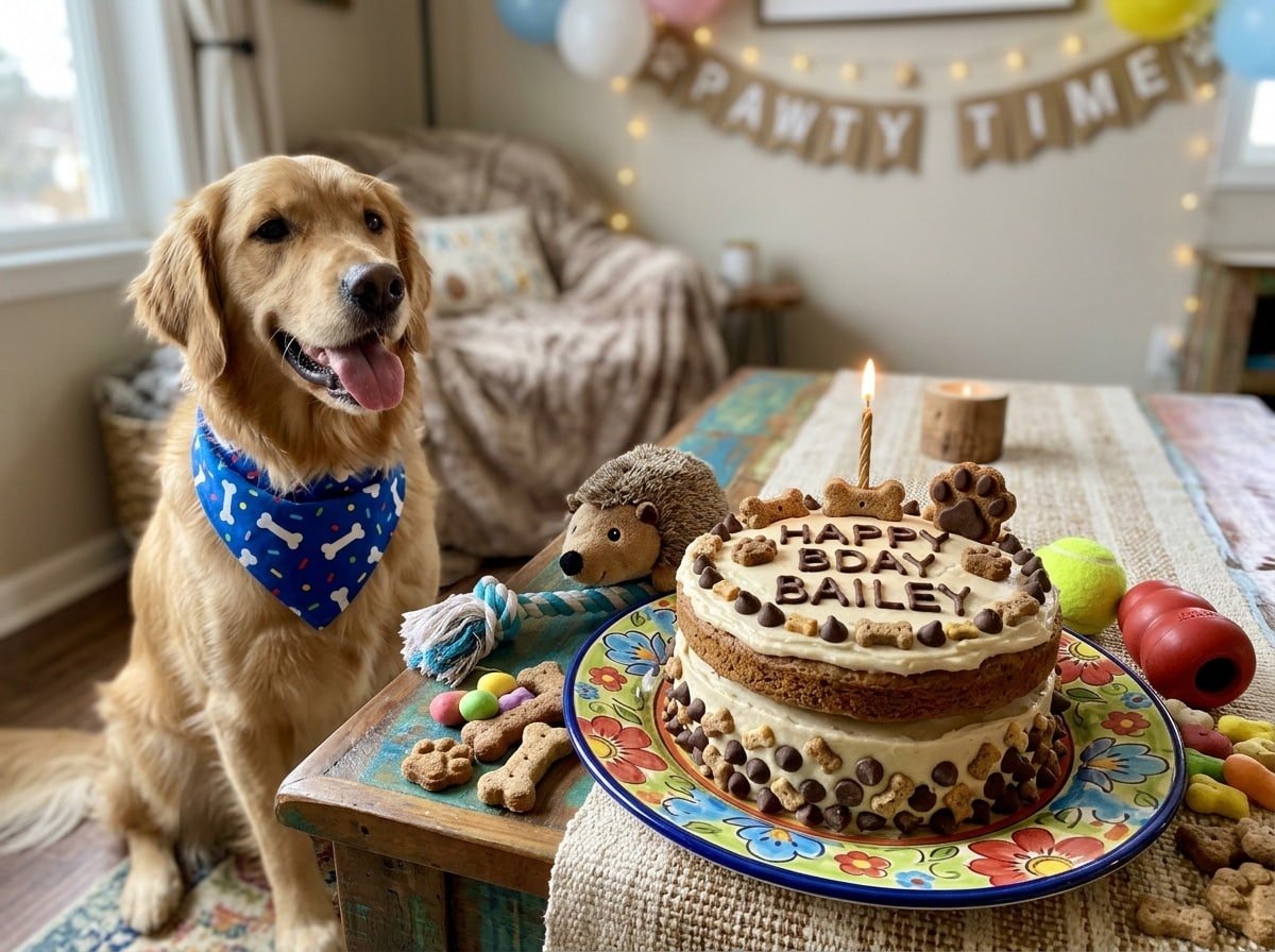 A delightful brown rice flour dog cake decorated with frosting and carob chips, accompanied by dog toys.