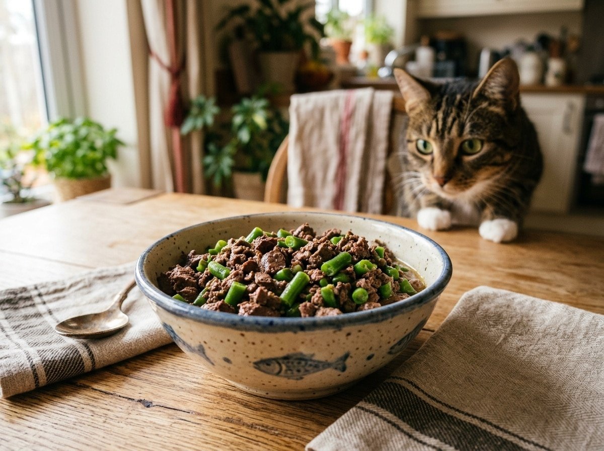 Bowl of homemade liver and green bean cat food with a curious cat in the background.