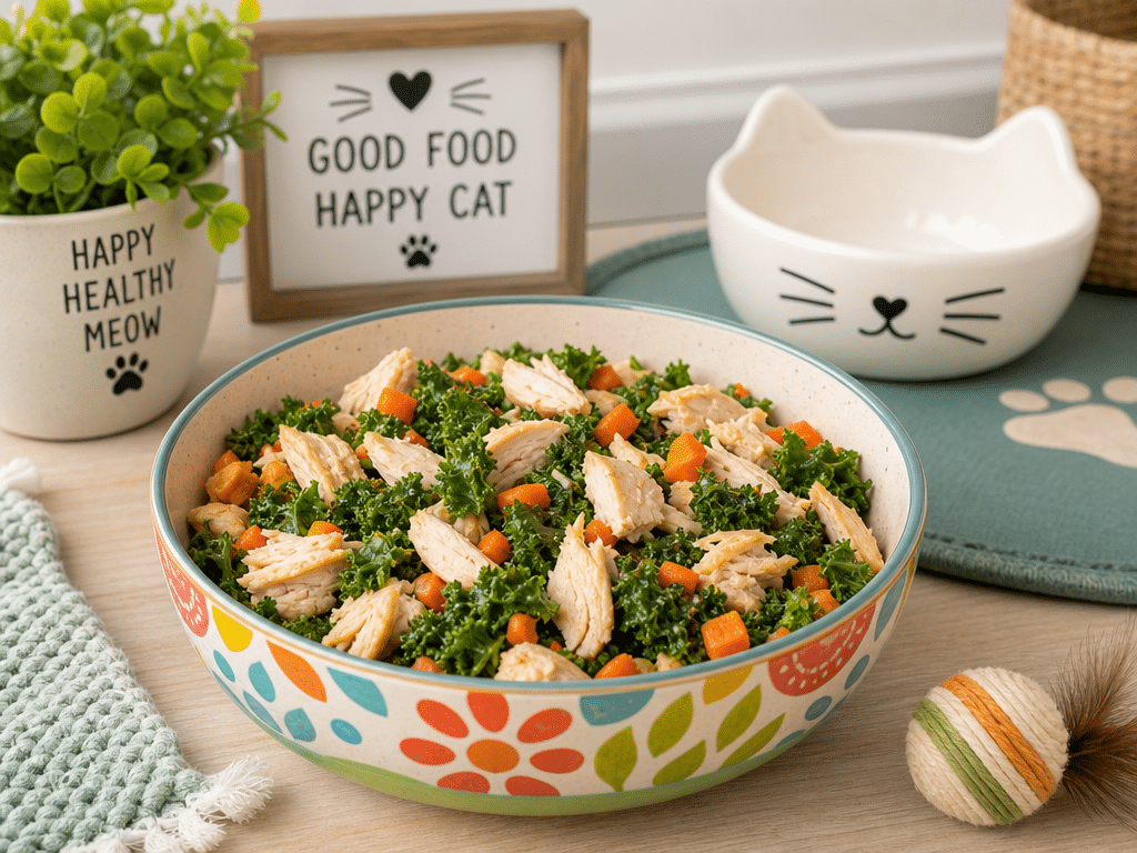 A nutritious cat food recipe featuring chicken, kale, and carrots in a bowl.